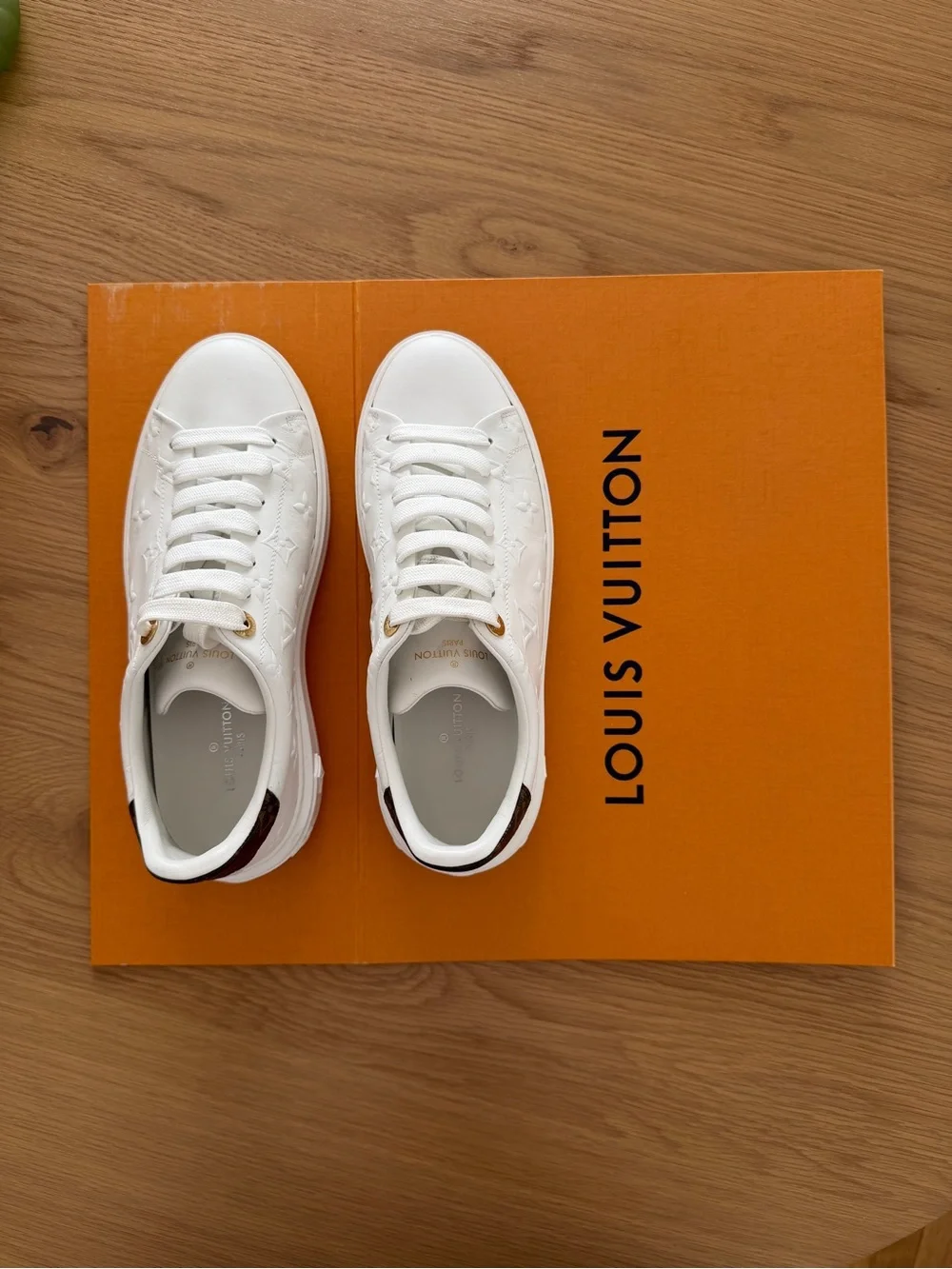 Louis Vuitton White Monogram Embossed Leather Sneakers with Brown Heel